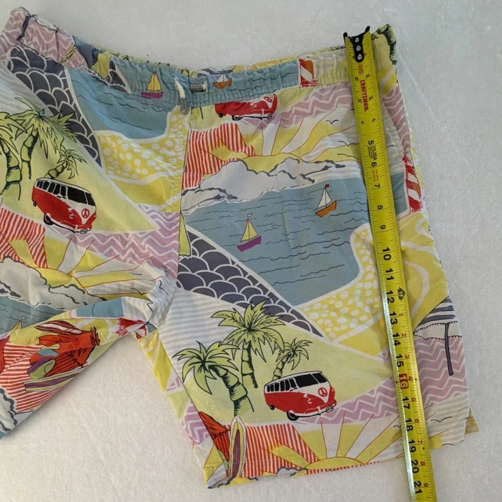 Peter Millar Men Large Swim Trunk VW Bus Beach Scene Multicolor Nylon Mesh Lined